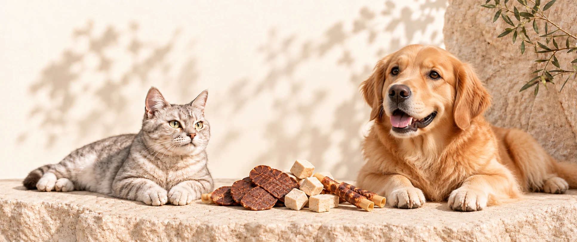 A happy Golden Retriever and silver tabby cat beside a small pile of pet treats